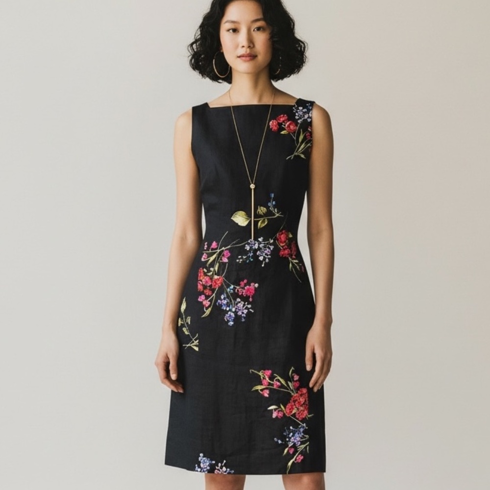 Jones New York Black Linen Floral Print Dress Women’s 8